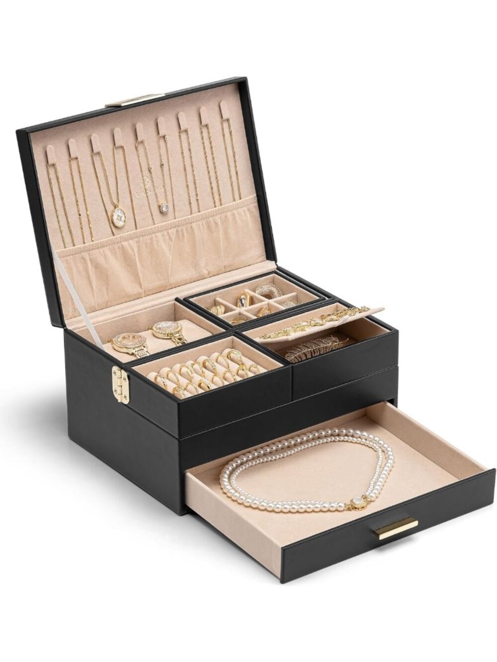 Elegant 3-Layer Jewelry Box with Retractable Tray & Drawer - Organizer for